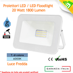 FARO LED FARETTO SOTTILE 20W LUCE FREDDA 6000K ESTERNO INTERNO ULTRA SLIM SMD BIANCO ALTA RESA IP65