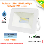 FARO LED FARETTO SOTTILE 30W LUCE FREDDA 6000K ESTERNO INTERNO ULTRA SLIM SMD BIANCO ALTA RESA IP65