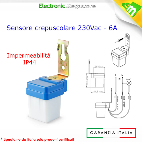 Interruttore a sensore crepuscolare 230V 6A per uso esterno