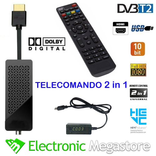 Digiquest Decoder Digitale Terrestre Dvb-T2 HD HDMI Hevc H265 10 bit Mini Stick Ricevitore 