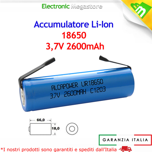 Batteria Ricaricabile Litio 18650 3.7V 2600mAh 7/5AF linguette a saldare lamelle