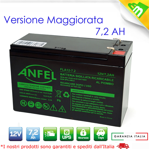 Batteria Ermetica Ricaricabile al Piombo 12V Volt 7,2Ah 7,2A per