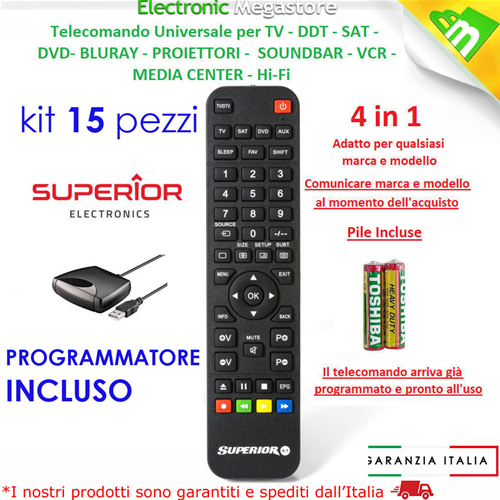 KIT 15 TELECOMANDI UNIVERSALE PROGRAMMABILE 4:1 DA PC PER TV,DECODER ETC..  - - SUPERIOR -Electronic Megastore - Gli esperti dell'elettronica