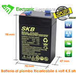 BATTERIA PIOMBO 6V 4,5 Ah SKB 70x47x101(h)mm CON FASTON ADATTA PER LAMPADE DI EMERGENZA GIOCATTOLI PEGPEREGO UPS