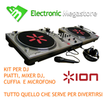 KIT PER DJ GIRADISCHI E MIXER PLAG&PLAY TURNTABLE IDJ02M ION CUFFIA E MICROFONO