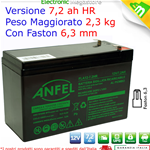 Batteria Ermetica Ricaricabile al Piombo 12V Volt 7,2Ah 7,2A per UPS,ALLARMI FASTON 6,3 MM VERSIONE MAGGIORATA 2,3 KG