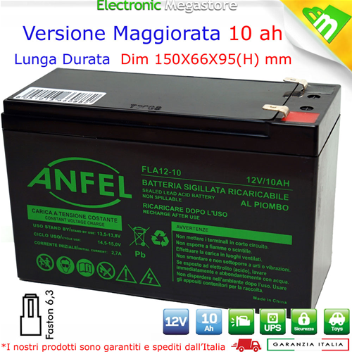 BATTERIA ERMETICA RICARICABILE AL PIOMBO 12V 12 VOLT 10AH 9 AH 9AMPERE PER  UPS - FLA12-10 - ANFEL -Electronic Megastore - Gli esperti dell'elettronica