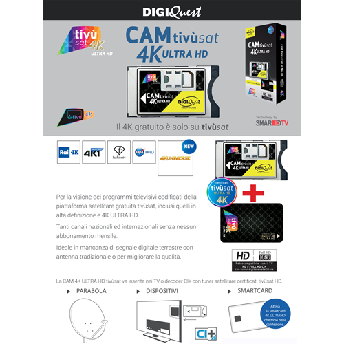 CAM TIVUSAT HD 4K UHD Cam Tivusat e Smartcard Tvsat ULTRA HD 4K BLACK è Rai  Mediaset La7 HD 4K su Smart TV e decoder CI+ - - Digiquest -Electronic  Megastore 