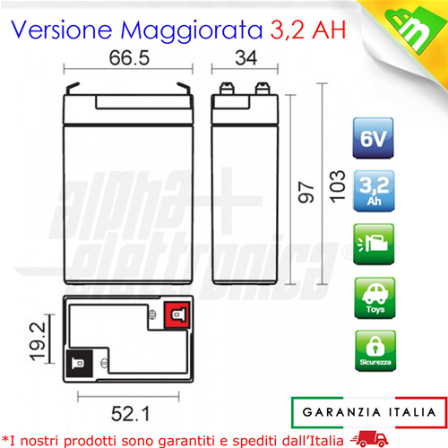 BATTERIA RICARICABILE AL PIOMBO ERMETICO 6 V-3,2 Ah COMPATIBILE LAMPADE  EMERGENZA BEGHELLI