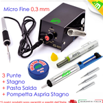 MINI STAZIONE SALDANTE ANFEL ZD-927 STAGNO + 3 PUNTE INCLUSE + PASTA SALDA + POMPETTA ASPIRA STAGNO 8W SALDATORE PUNTA FINE 0,3mm PER PICCOLE SALDATURE DI PRECISIONE TEMPERATURA REGOLABILE 100-450°C