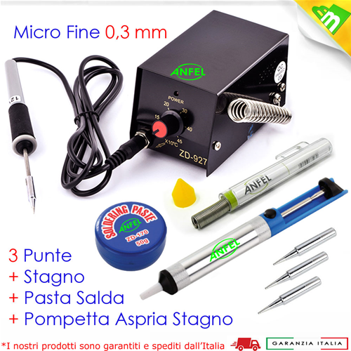 MINI STAZIONE SALDANTE ANFEL ZD-927 STAGNO + 3 PUNTE INCLUSE + PASTA SALDA  + POMPETTA ASPIRA STAGNO 8W SALDATORE PUNTA FINE 0,3mm PER PICCOLE SALDATURE  DI PRECISIONE TEMPERATURA REGOLABILE 100-450°C - ZD-927