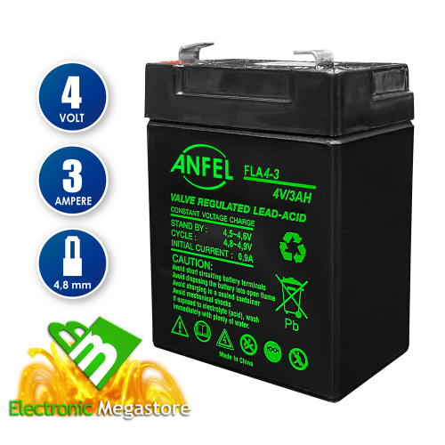 BATTERIA ricaricabile al Piombo ermetica 4V 3,0Ah - 415438001 BEGHELLI -  FLA4-3 - ANFEL -Electronic Megastore - Gli esperti dell'elettronica