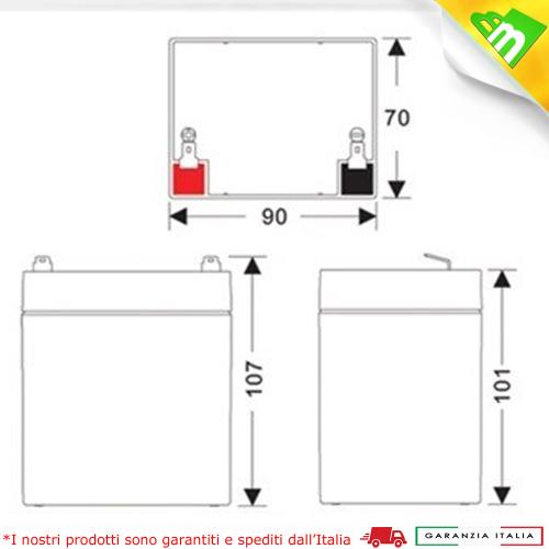 BATTERIA AL PIOMBO 12V 5,2 AH 90 x 70 x 101x 107mm PER GRUPPI UPS PIOMBO ERMETICA RICARICABILE