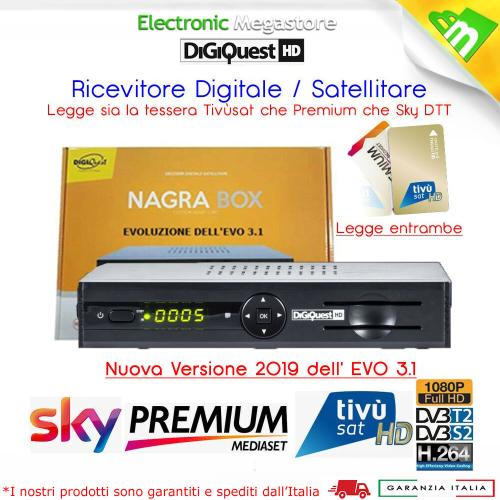 Digiquest EVO3.1 Decoder HD COMBO Satellitare TIVUSAT HD,Terrestre MEDIASET PREMIUM HD, App Web pronto Mediaset