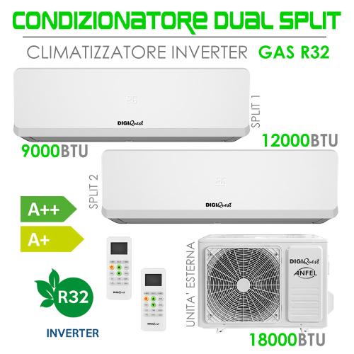 Climatizzatore Condizionatore DUAL SPLIT 9000 + 9000 BTU INVERTER R32 WIFI INCLUSO PER GESTIONE CON APP FUNZIONE I-FEEL A+++