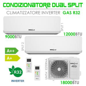 Climatizzatore Condizionatore DUAL SPLIT 9000 + 12000 BTU INVERTER R32 WIFI INCLUSO PER GESTIONE CON APP FUNZIONE I-FEEL A+++