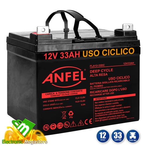 Batteria al Piombo 12V 33Ah DC VRLA Ciclica (Deep Cycle) Ermetica Ricaricabile Terminale vite M6 ALTA RESA PROFESSIONALE