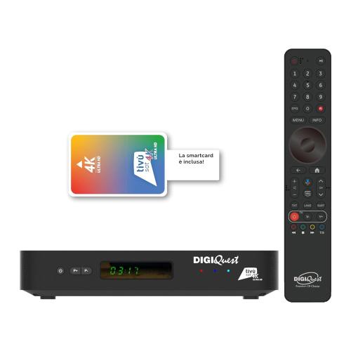 Decoder AX3 tivùsat  FULL 4K | Decoder COMBO 4K tivùsat con Triplo Tuner DVB-T2 HEVC Main 10 (10 bit), DVB-S2, Android TV | Controllo vocale | Google Cast  Decoder 4K Digiquest AX3 tivùsat Triplo Tuner controllo vocale DVB-T2/S2 Android TV
