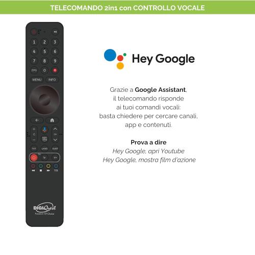 Decoder AX3 tivùsat  FULL 4K | Decoder COMBO 4K tivùsat con Triplo Tuner DVB-T2 HEVC Main 10 (10 bit), DVB-S2, Android TV | Controllo vocale | Google Cast  Decoder 4K Digiquest AX3 tivùsat Triplo Tuner controllo vocale DVB-T2/S2 Android TV