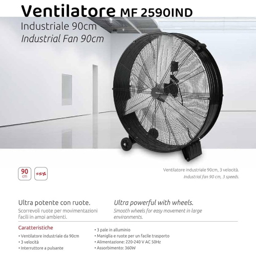 Ventilatore Industriale 118620076 90cm con Ruote Melchioni MF2590IND 360W Alta Potenza