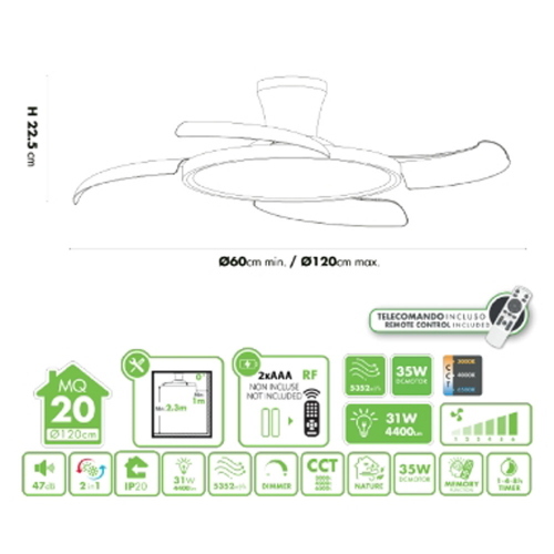 Ventilatore Soffitto con luce LED 4400 LUMEN 120 cm Pale Retrattili a Scomparsa 3CCT luce selezionabile Calda, Naturale e Fredda DC 35W VITO AP524880