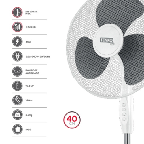 Ventilatore da Pavimento a Piantana Silenziono 40 cm 40Watt Ventilatore a Piantana Tenko AP521001 40W Ø40cm 3 Velocità Oscillante H120cm