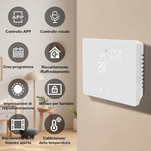 Cronotermostato Smart WiFi per Caldaia o Raffreddamento NERO App Tuya/Smart Life e Vocal Assistant Compatibile Alexa/Google,con pannello soft-touch da Parete o Scatola 503 Termostato Digitale WiFi