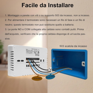 Cronotermostato Smart WiFi per Caldaia o Raffreddamento NERO App Tuya/Smart Life e Vocal Assistant Compatibile Alexa/Google,con pannello soft-touch da Parete o Scatola 503 Termostato Digitale WiFi