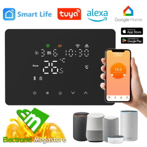 Cronotermostato Smart WiFi per Caldaia o Raffreddamento NERO App Tuya/Smart Life e Vocal Assistant Compatibile Alexa/Google,con pannello soft-touch da Parete o Scatola 503 Termostato Digitale WiFi