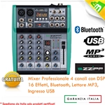 MIXER AUDIO 4 CANALI PROFESSIONALE CON BLUETOOTH USB MP3 - DSP 16 EFFETTI ZZMXBTE4
