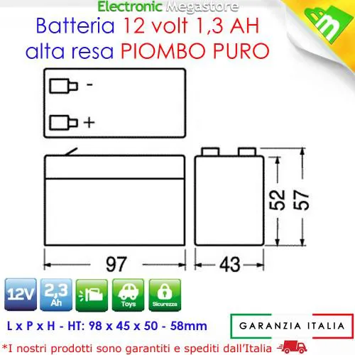 BATTERIA AL PIOMBO RICARICABILE ERMETICA 12V 1.3Ah 1.2Ah 97x52x45mm BC1400-00