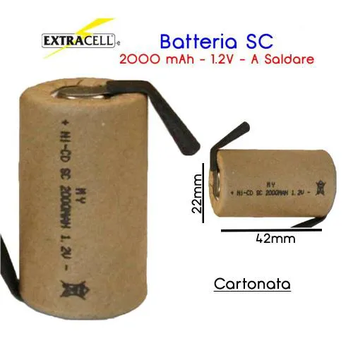 BATTERIA RICARICABILE NI-CD SC 1,2V 2000mAh 22x42mm A SALDARE CARTONATE 30/309