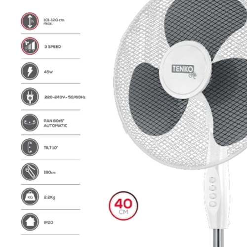Ventilatore da Pavimento a Piantana Silenziono 40 cm 40Watt Ventilatore a Piantana Tenko AP521001 40W Ø40cm 3 Velocità Oscillante H120cm
