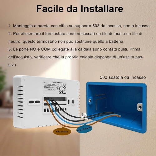 Cronotermostato Smart WiFi per Caldaia o Raffreddamento NERO App Tuya/Smart Life e Vocal Assistant Compatibile Alexa/Google,con pannello soft-touch da Parete o Scatola 503 Termostato Digitale WiFi